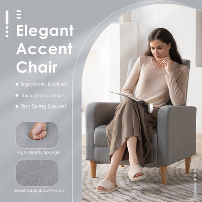COLAMY Fabric Accent Living Room Chairs Set of 2, Upholstered Arm Chair Reading Side Chair, Single Sofa with Back Pillow and Wood Legs, Light Grey