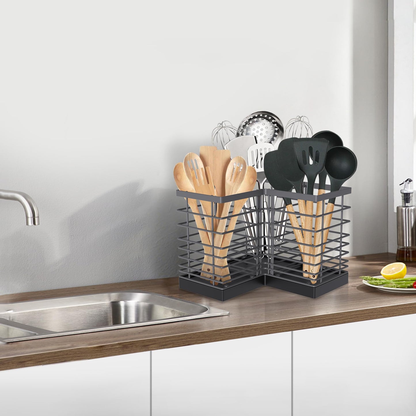 Suli Kitchen Utensil Holder with 3 Compartments, Grey Metal Corner Kitchen Caddy for Countertop, Farmhouse Rustic Cooking Storage-Grey