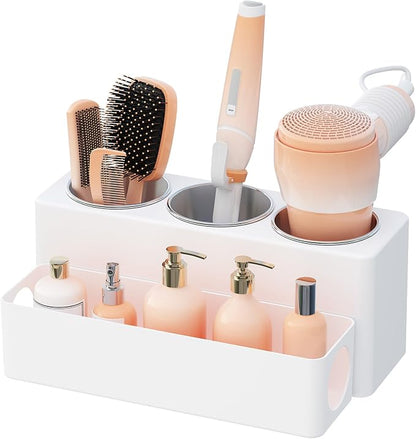 Lifewit Hair Tool Organizer Countertop, Removable Blow Dryer Holder for Bathroom, Acrylic Hot Tools Organizer Storage for Curling Iron, Brush, Straightener, 3 Stainless Cups, White, 30 cm/12 inch(L)