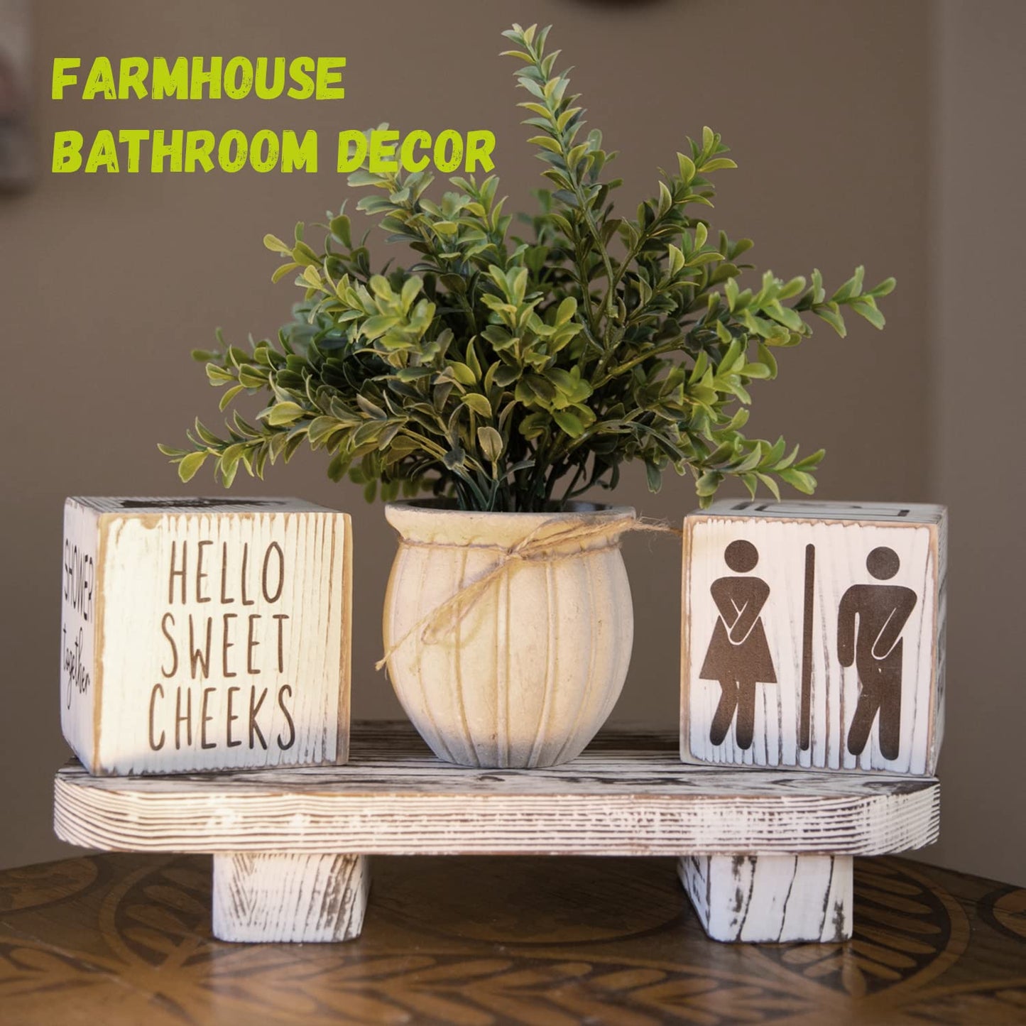 Liswit Farmhouse Funny Bathroom Decor Signs, 3 Wooden Blocks with Plant & Tray, Rustic Decoration for Bathroom Countertop