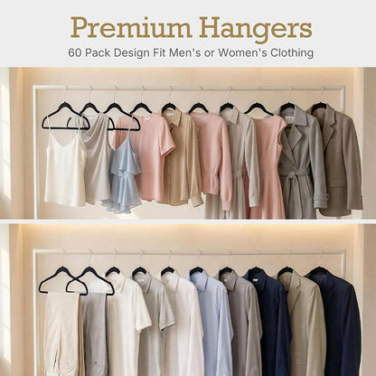 HOUSE DAY Black Velvet Hangers 60 Pack, Non Slip Clothes Felt Hanger Heavy Duty for Coat, Premium Slim Space Saving Suit Hangers for Closet Organizer, 360° Rotating Silver Hook
