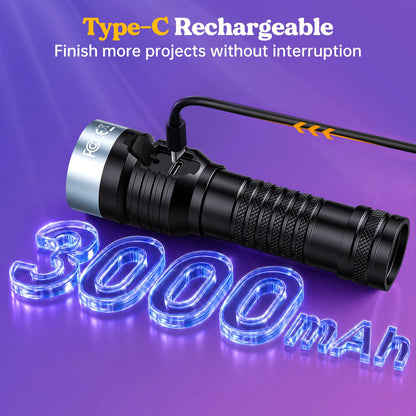 LET'S RESIN UV Flashlight 365nm UV Light for Resin Curing, 7 LED Lamp, USB-C Rechargeable 3000mAh Black Flashlight, Portable UV Cure Lamp for Resin Molds, Jewelry DIY, Stain Detection
