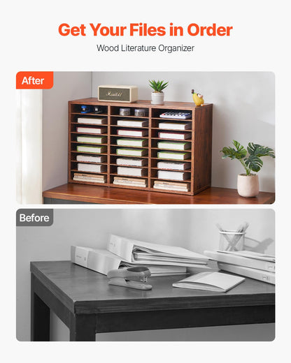 VEVOR Literature Organizer, 24 Compartments Office Mailbox with Removable Shelves, Wooden Mailbox Sorter Particle Board Office Home Classroom Storage, File Sorter for Documents, Papers, Dark Brown