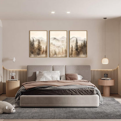 IARTTOP Large Mountain Forest Framed Canvas Wall Art 16x24 Inch Set of 3 Abstract Misty Woodland Painting Modern Farmhouse Art Prints for Living room Dining room