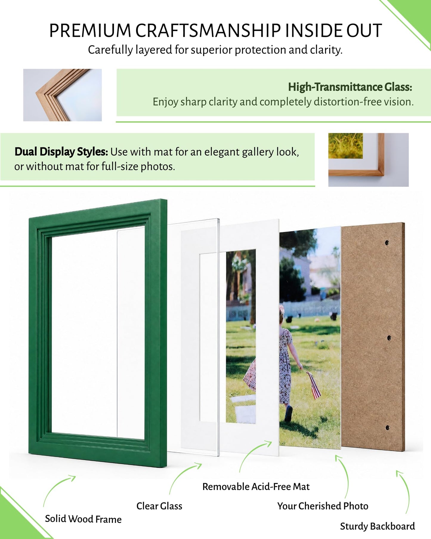 Exper City 11x14 Wooden Picture Frame, Displays 11x14 Without Mat or 8x10 With Mat, Solid Wood Colorful Photo Frame for Wall, Real Glass, Rustic Stepped Edge Design, 2 Pack, Green