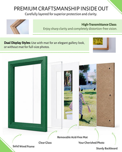Exper City 11x14 Wooden Picture Frame, Displays 11x14 Without Mat or 8x10 With Mat, Solid Wood Colorful Photo Frame for Wall, Real Glass, Rustic Stepped Edge Design, 2 Pack, Green
