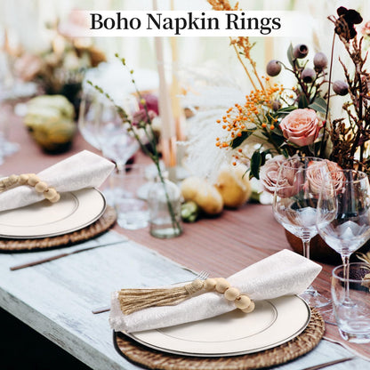 50 Pack Farmhouse Rustic Napkin Rings with Tassel Wood Bead Rings for Table Decor Boho Wedding Party Dining Spring Banquet