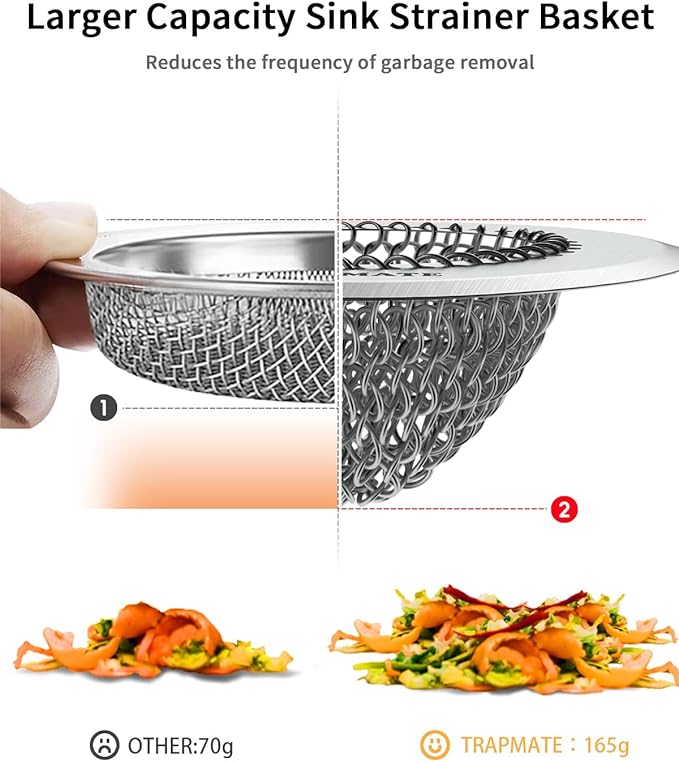 TRAPMATE Kitchen Sink Drain Strainer, Reversible Chain Mesh Sink Strainer