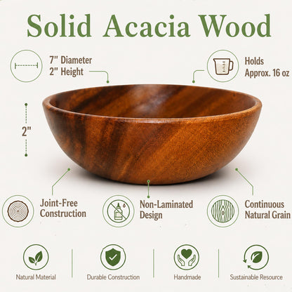 WRIGHTMART Wooden Bowls for Food Set of 4, 7 Inch Solid Acacia Wood Bowls, Joint-Free Wooden Salad Bowls, Non Laminated Handmade Bowls for Cereal, Fruit & Pasta