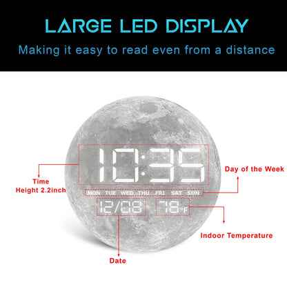 HOMLOVE Digital Desk & Shelf Clock, LED Moon/Earth Design, Temperature Display, 7.87 x 7.87 inches (Moon, 7.87 INCH)
