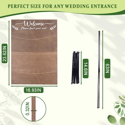 Wooden Wedding Seating Chart Board, Two Connectable Panels (23.7"×17"), 0.32" Thick, Foldable Design with Metal Stand, White Lace Ribbon, Floral Décor, and 20 Cards for Ceremony & Reception