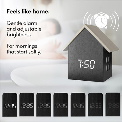 Driini Digital House Shaped Alarm Clock with Temperature Display (Dark Wood) – Modern Aesthetic with Cute Cube Frame and White LED Dimmer - Perfect Small Desk Clock for Bedside Table or Bedroom Mantle