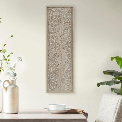 Madison Park Laurel Wall Art - Laser Cut Carved Botanical Tree Branches, Genuine Fir Wooden Framed, Rustic Finish - Modern Farmhouse Décor for Living Room, Ready to Hang Panel, 12 x 36", Grey