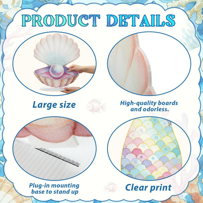 Novabright 4 Pcs Large Mermaid Birthday Decorations Mermaids Photo Booths Props Under The Sea Baby Shower Party Decoration Plastic Clam Shell, Coral, Stand Mermaid Tail Ocean Cutouts Party Decor