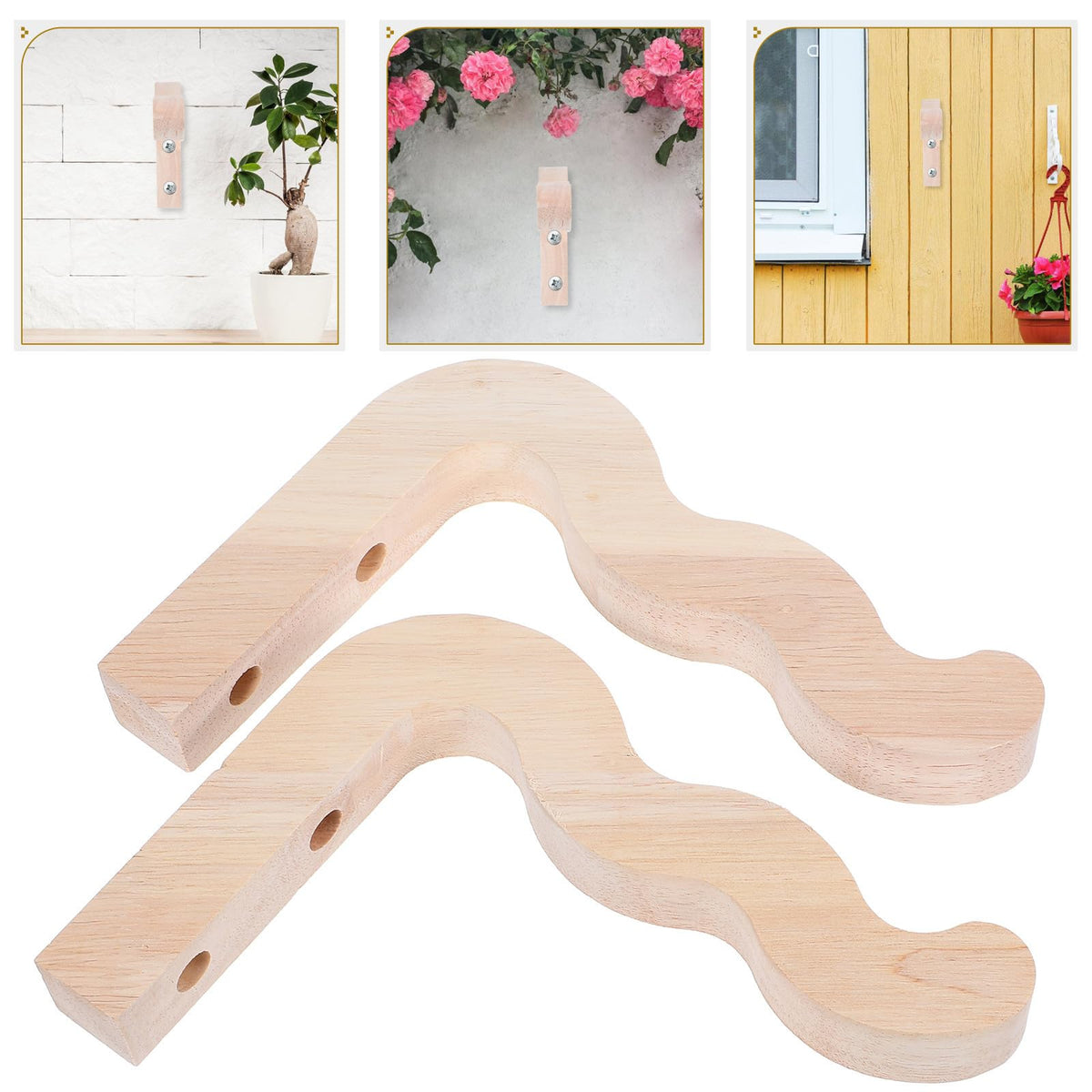Hohopeti 2pcs Wall-Mounted Flowerpot Hooks for Indoor Outdoor Plants, Wooden Plant Hanger Brackets for Lanterns Wind Chimes Garden Balcony Decoration