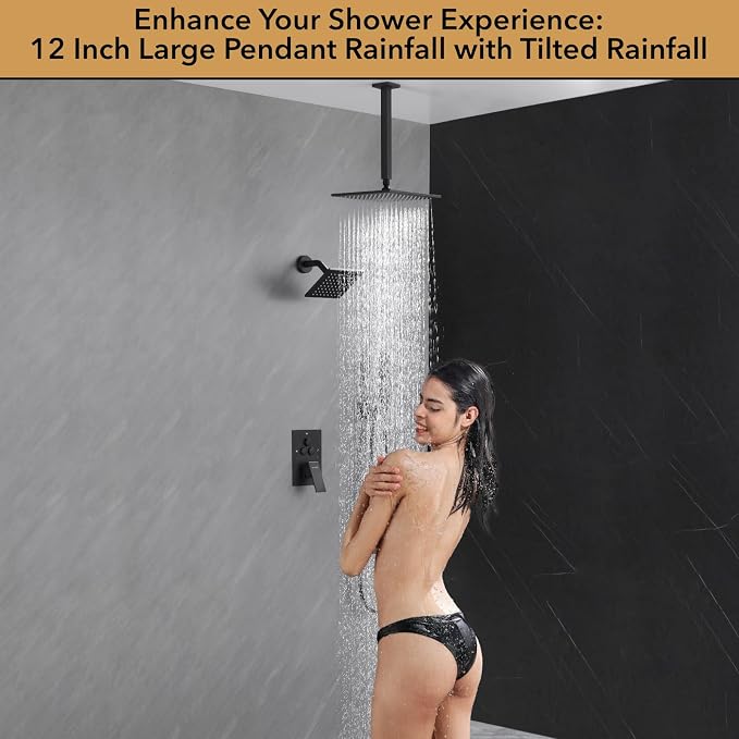 VANFOXLE Shower Faucet Set Matte Black Shower System, Push Button Diverter Shower Faucet with Trim Kit, Ceiling Mount 12 Inch Shower Head Increased Thick, 6 Inch Side Shower Head, 2-in-1 Handheld