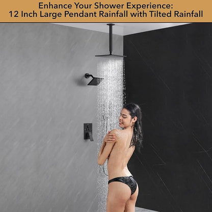 VANFOXLE Shower Faucet Set Matte Black Shower System, Push Button Diverter Shower Faucet with Trim Kit, Ceiling Mount 12 Inch Shower Head Increased Thick, 6 Inch Side Shower Head, 2-in-1 Handheld