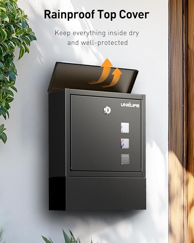 Uniclife Wall Mount Mailbox, Mailboxes for Outside, Large Modern Mail Box with Key Lock, Security Locking Drop Box for Newspaper House Office Outdoor, Black