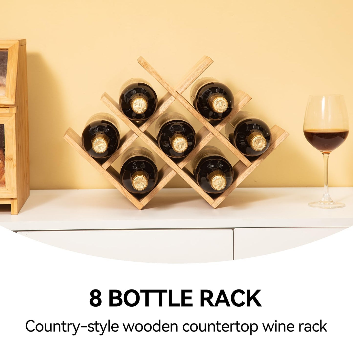 KIRIGEN Wooden 8-Bottle Wine Rack, 3-Tier Countertop Wine Bottle Holder for Cabinets, Bar Cart, Kitchen Counter, Pantry, Dining Room, Wood Stain, 16.73 x 5.91 x 11.14 in, XHJJ3-NA