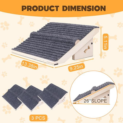 3 Pack Wooden Dog Ramp for Stairs,13L*9W*5H''+26°Slope,Fit for Stair 9-11D''5-7''H,Friendly to Short-Legged/Small/Injured/Aged Dogs with High Support,with Anti-Slip Pads for Climbing Safely
