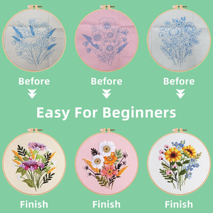 Herdiese 3PCS Embroidery Kit for Beginners with Floral Patterns – Cross Stitch Kits for Adults Including Hoop, Pre-Printed Fabrics, Threads, 9 Needles & Scissors – Easy Instructions