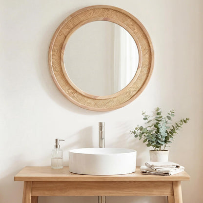 Tunjig 24" Round Rattan Mirror, Circle Wall Mirror, Farmhouse Wooden Vanity Mirror with Handmade Wicker Frame, Decorative Boho Mirror for Nursery Bedroom Living Room Entryway Nature