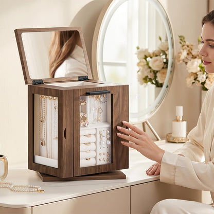 HOOBRO Jewelry Box for Women, Wooden Jewelry Organizer with Transparent Window and 360° Rotating Jewelry Box with Mirror, Jewelry Organizer with 4 Drawers Bundle, BH09JB04-BH31JB04