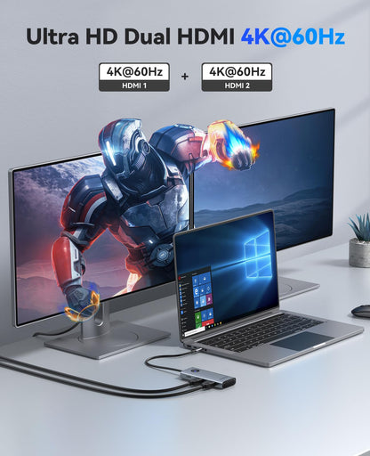 ORICO USB C Docking Station Dual Monitor, 8-in-1 Laptop Docking Station with 2 HDMI 4K@60Hz, 100W PD, USB-A&C 3.0, SD/TF, USB C Dock Compatible with MackBook/Dell XPS/HP/Surface