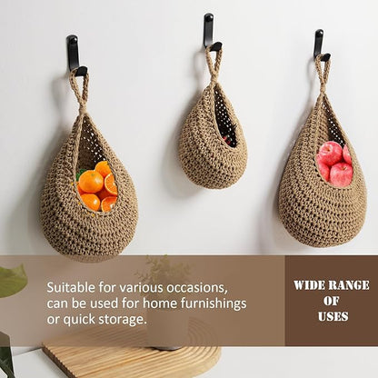 Hanging Fruit Basket Set of 3, Boho Wall Hanging Storage Jute Basket