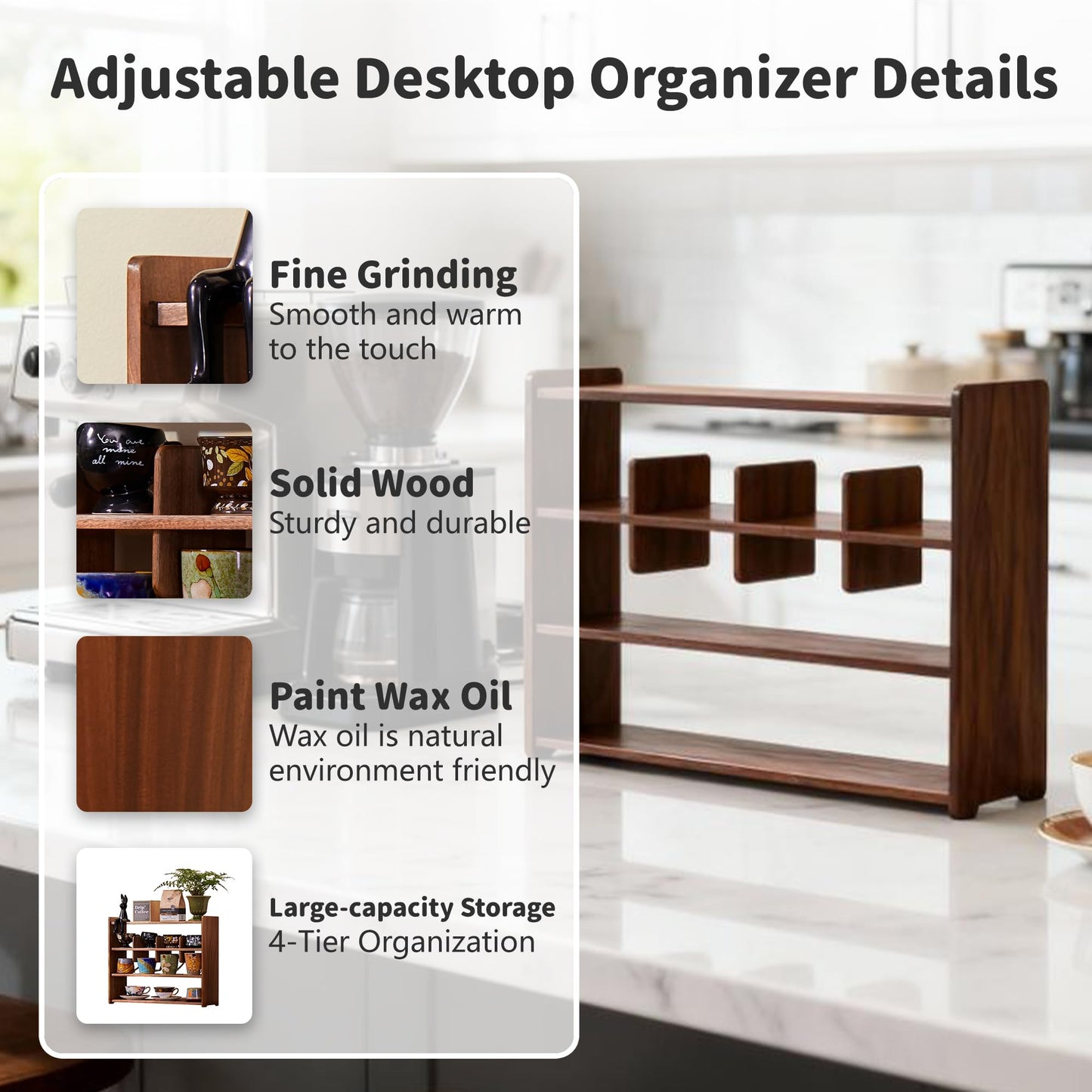 KAOTGOT Coffee Cup Holder for Countertop Walnut Wood Coffee Mugs Holder for Kitchen Mug Display Rack (4-Tier Walnut wood A)