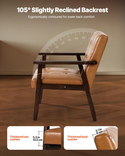 VEVOR Accent Chair, Mid Century Modern Armchair with Solid Wood Frame and Non-Slip Legs, Upholstered Leisure Chair with PU Leather and Soft Cushion, for Living Room, Bedroom, Office