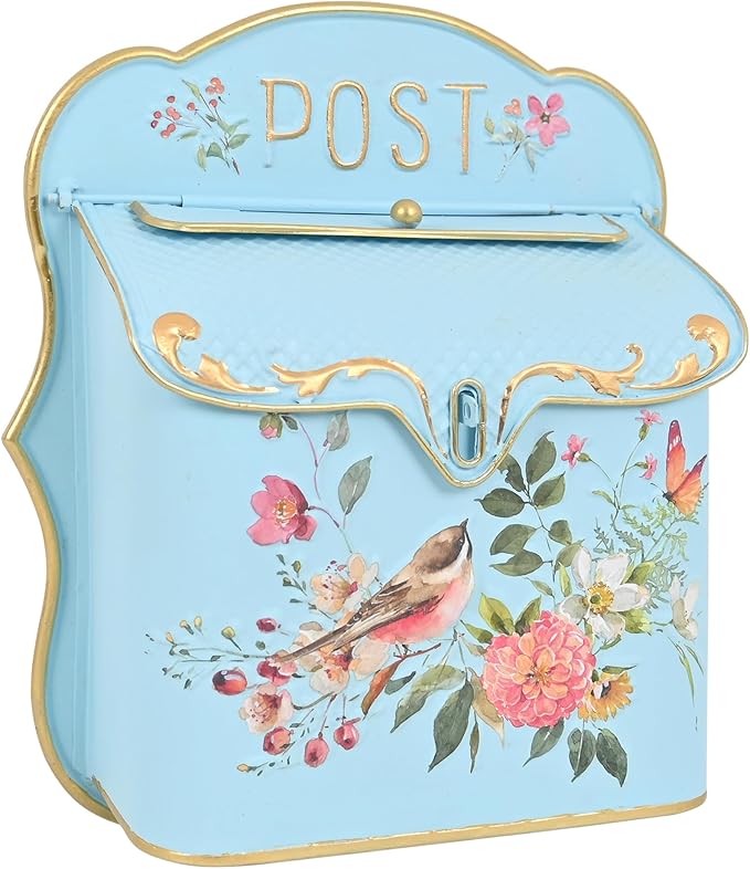 BIG FORTUNE Wall Mount Mailbox for House Outside Vintage Metal Door Mailbox Antique Style Nostalgic Charm Home Decor Garden Vintage English Cottage Decor Flower Patter(Blue)