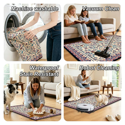 Washable Corridor Runner Rug, Non-Slip Hallway Rug with Upgrade Rubber Backing, Stain Resistant Faux Wool Distressed Carpet for Bedroom Kitchen Laundry Corridor Balcony (Leaf, 35.4" x 23.6")