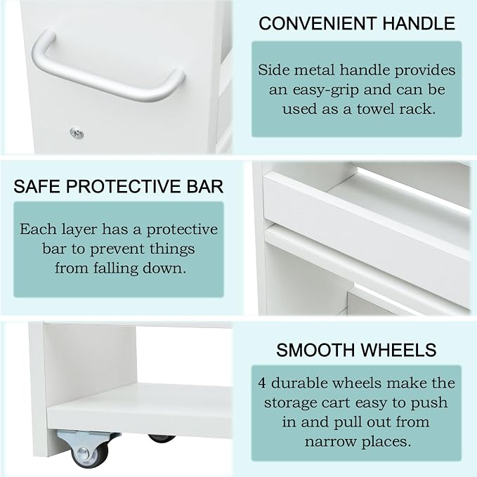 MARTY Rolling Storage Cart 7.9" W, 4-Tier Kitchen Cart with Wheels Handle, Slim Storage Cart Mobile Shelving Utility Carts for Bathroom Laundry Room Organization Narrow Places (White)