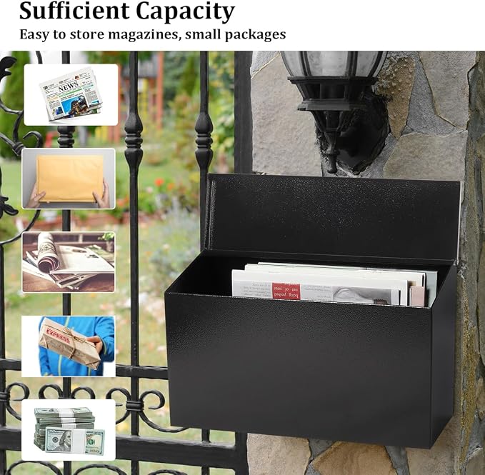 Decaller Large Capacity Mailbox, Wall Mount Mail Box for Letters & Small Packages, Rust-Proof Metal Post Box for Outside, 15.7" x 9.3" x 4.7", 08 Black