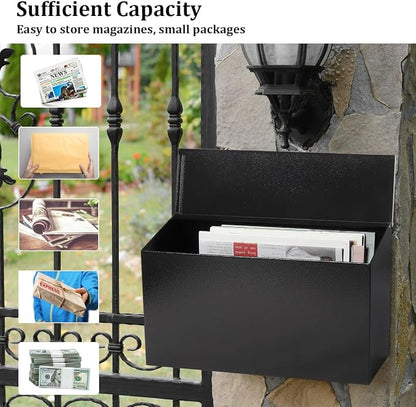 Decaller Large Capacity Mailbox, Wall Mount Mail Box for Letters & Small Packages, Rust-Proof Metal Post Box for Outside, 15.7" x 9.3" x 4.7", 08 Black