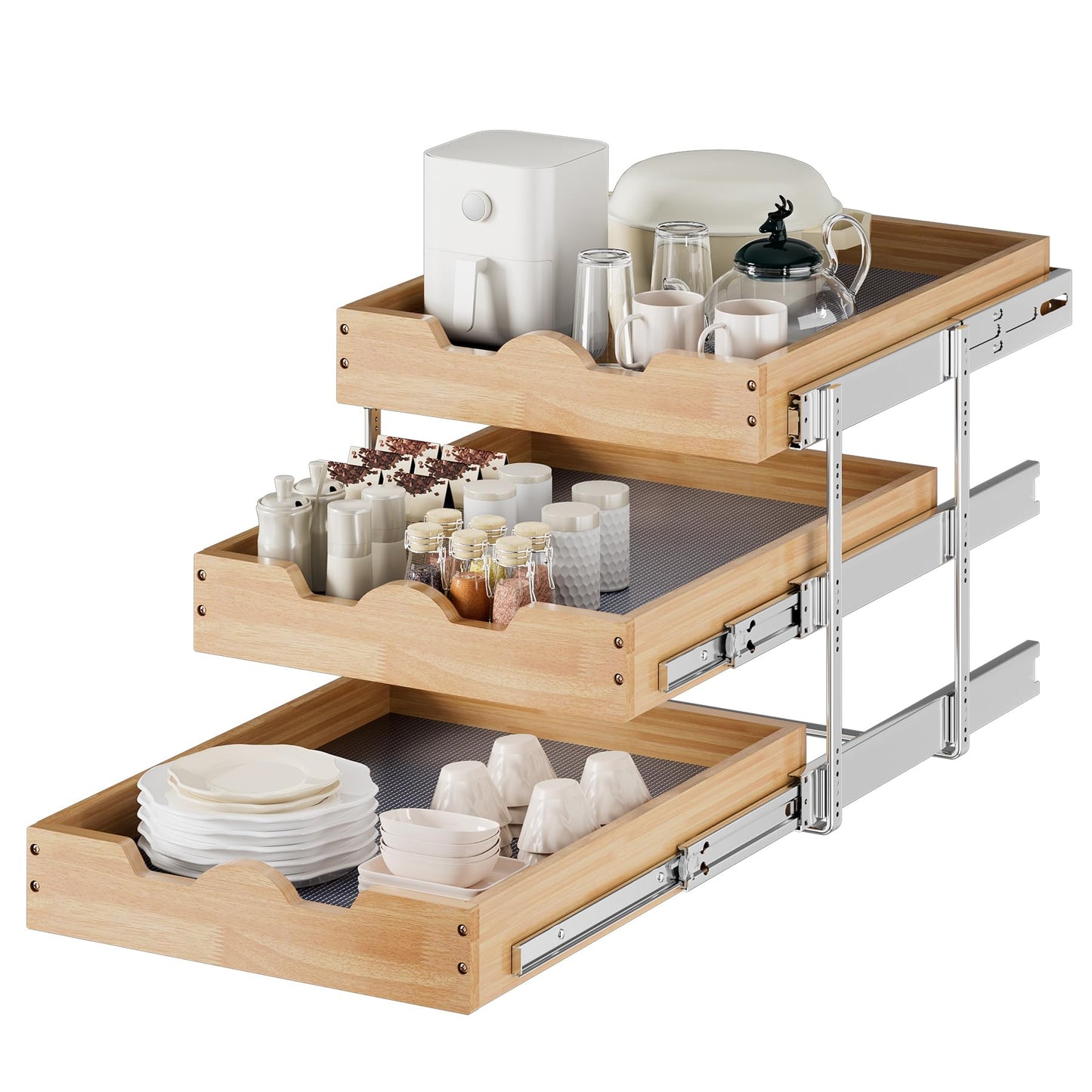 DINDON 3 Tier Pull Out Cabinet Organizer 17”W X21”D Slide Out Shelves With Shelf Liner for Kitchen Wood Roll Out Drawers Pantry Organization
