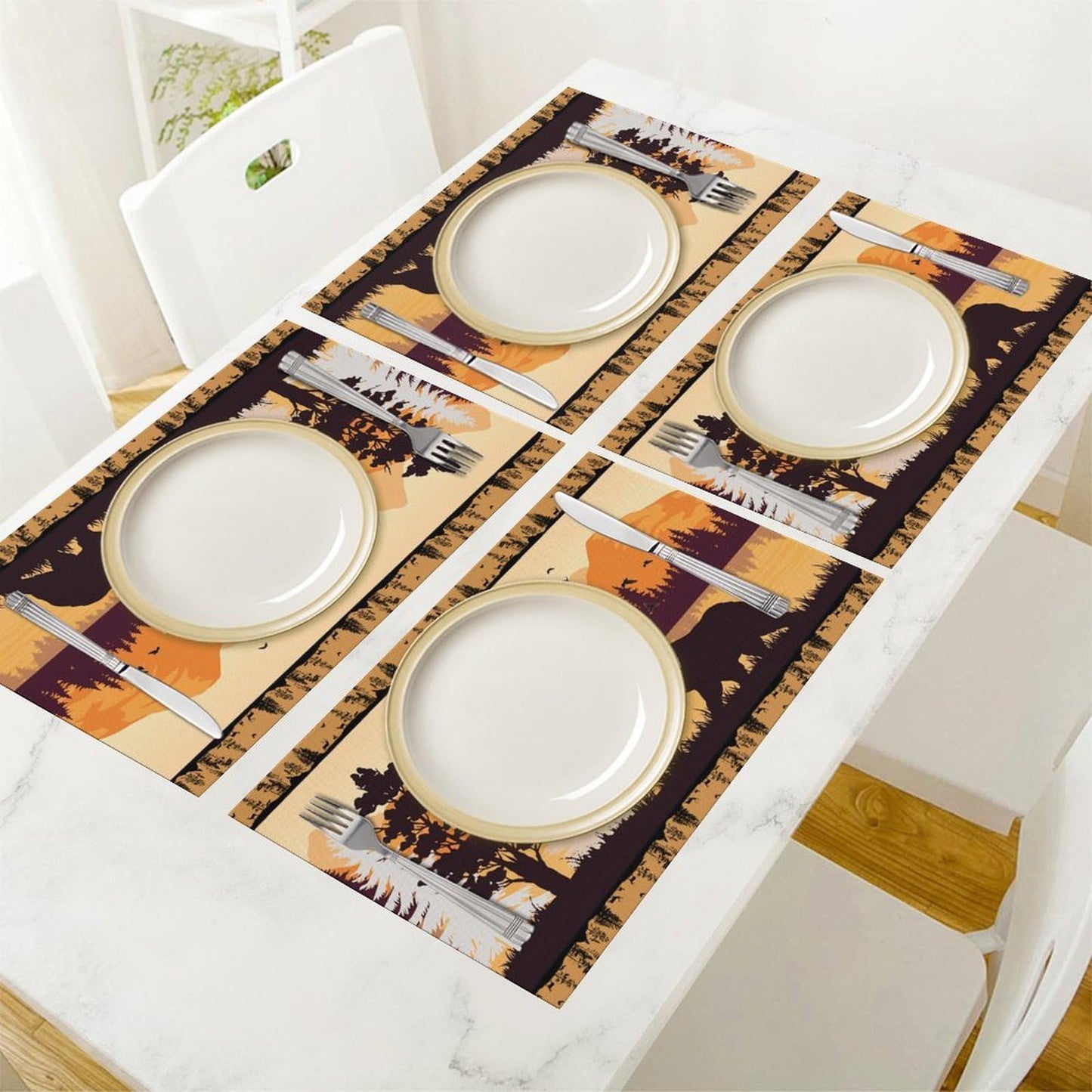 Forest Animal Cabin Placemats Set of 4, 12x18 Inch Country Bear Sunset Rustic Wooden Farmhouse Style Pine Tree Nature Printed Fall Holiday Coffee Table Mats for Party Kitchen Dining Decoration