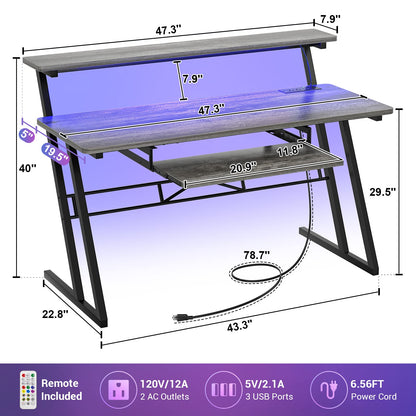 Armocity Music Studio Desk, Music Production Workstation with Power Outlets and RGB LED Lights, Recording Studio Table Desks Music Producer for Home, Grey Oak