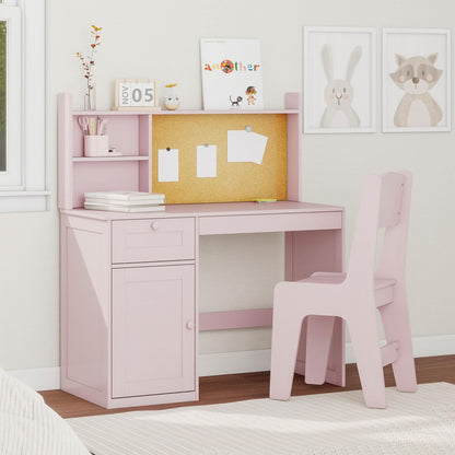 FTZxHKLX Kids Study Desk with Chair, Children Study Table and Chairs for 5-12 Years Old, Wooden Kids Desk and Chair Set with Hutch and Storage Cabinet for Bedroom, Study Room, Pink