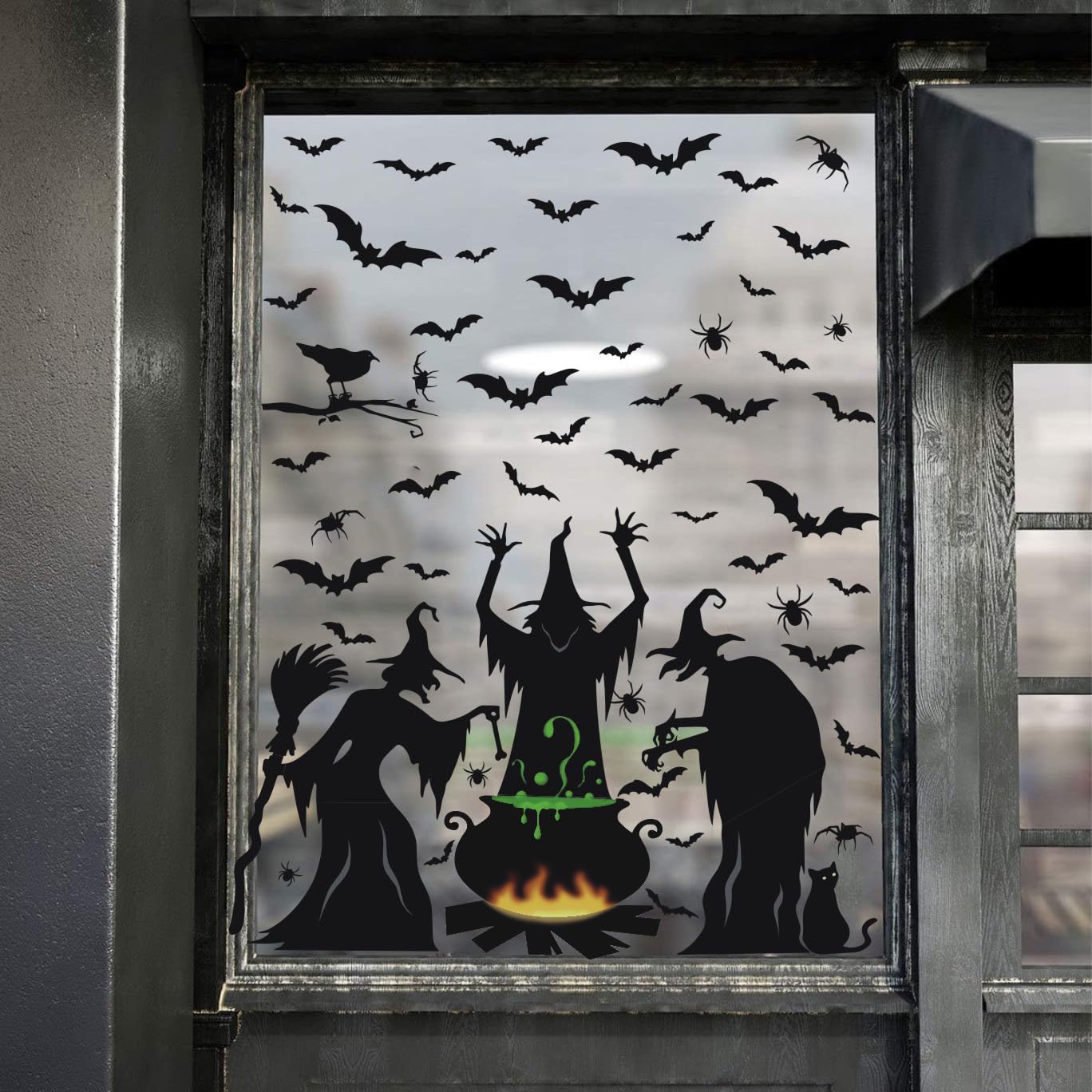 Halloween Window Clings Decorations, Witches with Cauldron Silhouette Black Cats Bats Spider Halloween Window Stickers Decals for Home Party Indoor Outdoor Glass Windows Door Decor