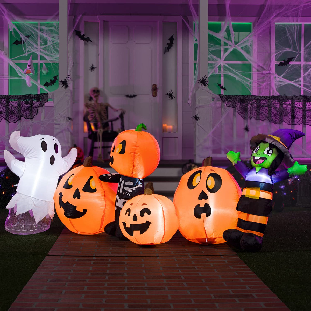 Joiedomi 8 ft Long Halloween Inflatable Three Characters and Pumpkin Patch Outdoor Decoration, Blow Up Inflatables Witch Ghost Skeleton Yard Decorations with LEDs for Party Yard Lawn Garden Decor