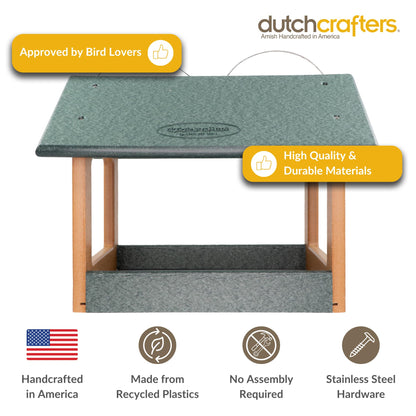 DutchCrafters Amish USA Made Recycled Plastic Large Hanging Modern Fly Through Covered Roof Open Platform Tray Bird Feeder for Outdoors, Garden, Yard (Turf Green & Bright Cedar)