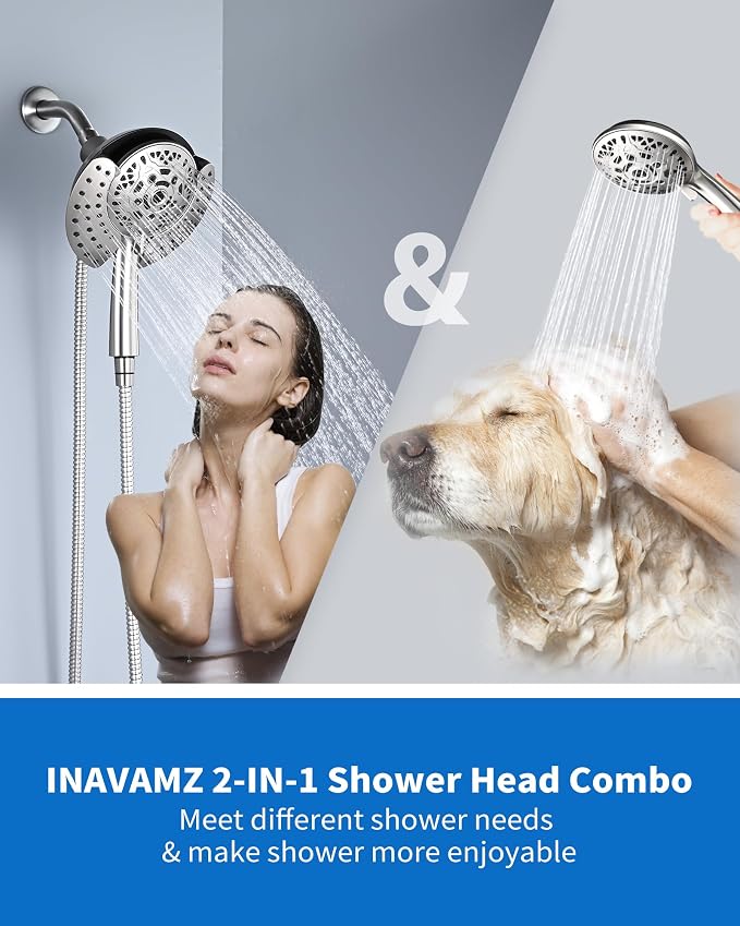INAVAMZ Shower Head with Handheld High Pressure: Hand Held Shower Head & Rain Shower Head 2-IN-1 Shower Head with 59" Rotatable Stainless Steel Hose, Shower Trim Systems, Nickel 2.5 GPM 15391