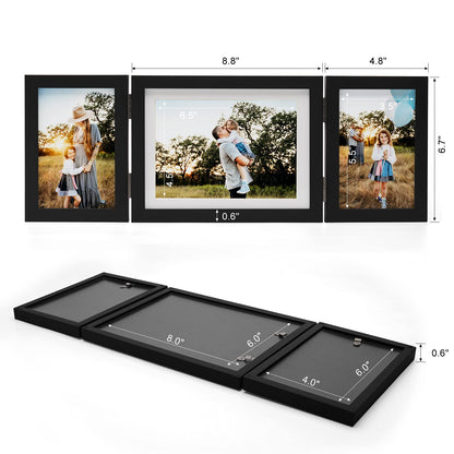 Janreefan 3 Vertical Horizontal 4X6 and 5X7 Picture Frames Hinged Folding Photo Frames in Black for Wall Hanging or Tabletop Standing, Made of Pine Wood with Real Glass P-467546-HEI