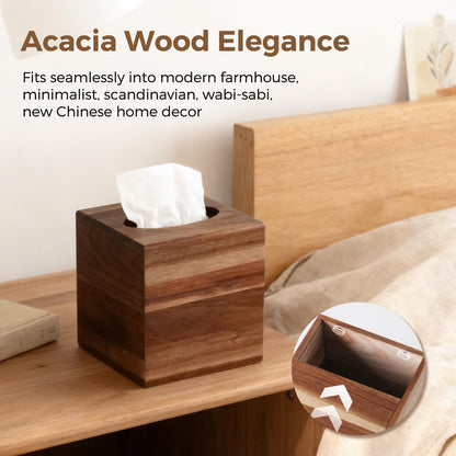 S310 Acacia Wood Tissue Box Cover, Square Tissue Box Holder with Slide-Out Bottom, Wooden Cube Tissue Covers Tissue Holders for Bathrooms Office Kitchen