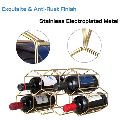 Buruis 9-Bottle Countertop Wine Rack, Honeycomb Metal Wine Holder for Red & White Wines, Standing Bottle Organizer for Home, Kitchen, or Bar, Gold