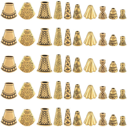 SOFPLATE 1 Box 100Pcs 10 Styles Golden Bead Caps Flower End Caps Alloy Tibetan Style Antique Gold Beading Tassel Spacer Ends for Jewelry Making Findings Necklaces Bracelets Earrings DIY Craft Supplies