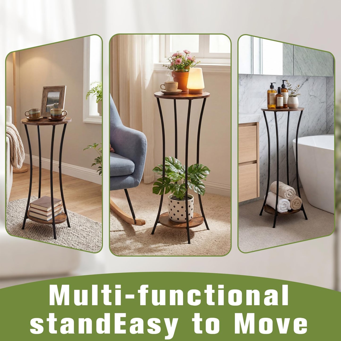 Tandefio 2 Pack 31'' Plant Stand Indoor, 2 Tier Round Potted Holder Rack, Wood Corner Flower Pot Stand Shelf for Living Room Balcony Patio Garden, Brown