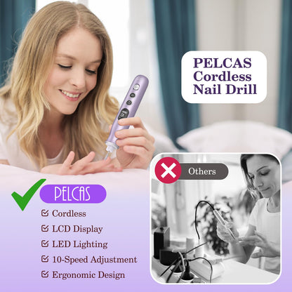 PELCAS Electric Nail Grinder, 10 Speeds Cordless Nail Drill with LED Light, Portable Manicure and Pedicure Kit, Nail File with LCD Screen for Human, Pet, Thick Toenails, Natural & Acrylic Nails Grey